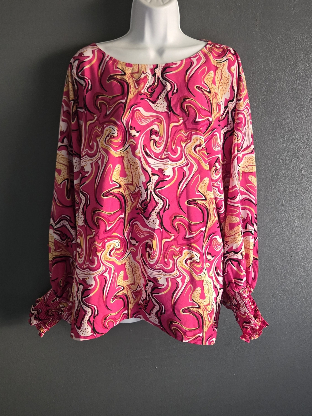 JODIFL Pink Abstract Lava Smocked Cuff Long Sleeve Blouse Large